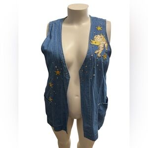 Vintage Fran’s Denim Embellished Vest- Embroidered Studded Size XL